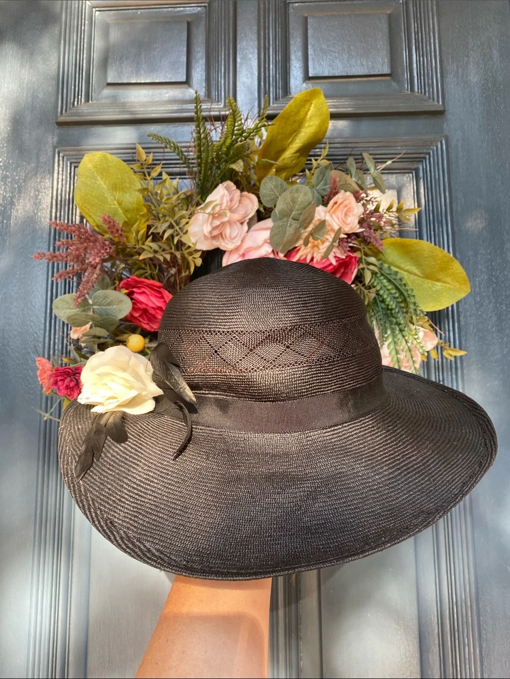 Vintage Miss Bierner Black Wide-Brim Dress Hat with Floral & Feather Accent